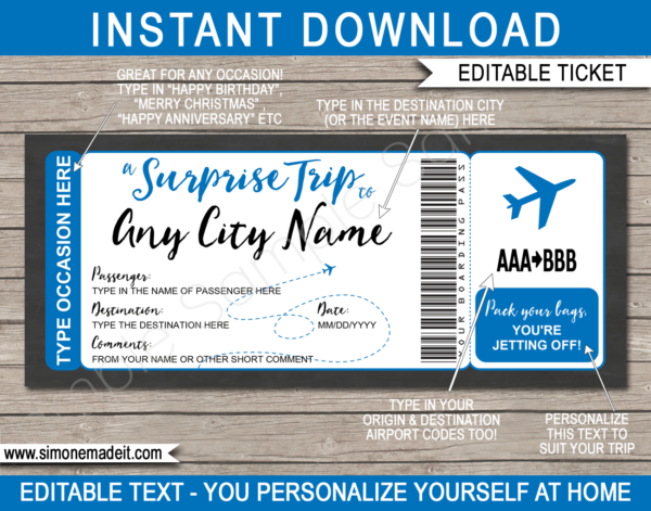 Surprise Trip Plane Ticket Template Printable Fake Boarding Pass Gift