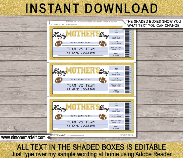 Mother S Day Football Ticket Gift Voucher Printable Football Ticket