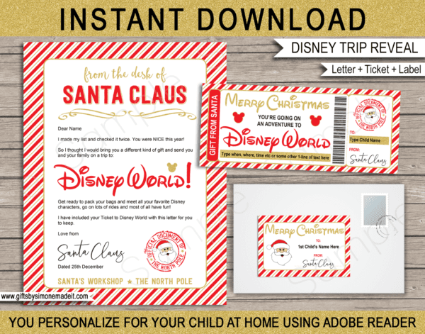 Disney World Trip Reveal Gift Idea Templates Santa Letter Ticket Label