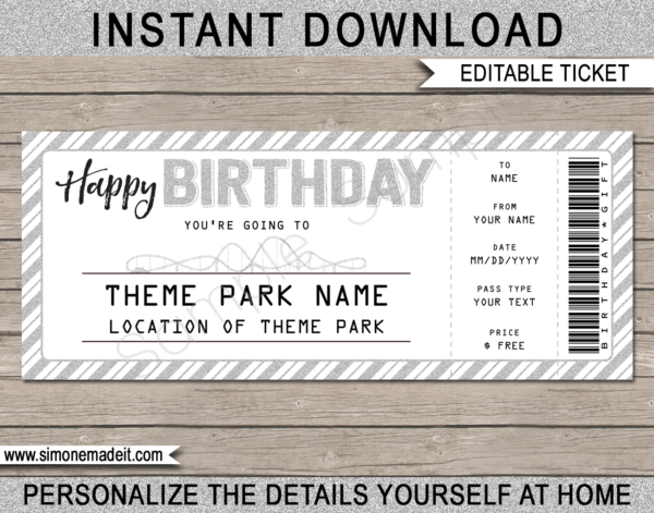 Birthday Amusement Park Ticket Gift Voucher Template | Theme Park