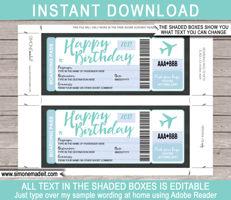 Birthday Surprise Trip Boarding Pass Gift Template 