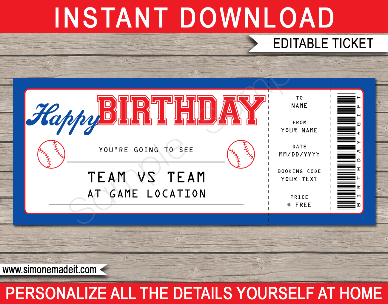 Baseball Game Ticket Birthday Gift Voucher