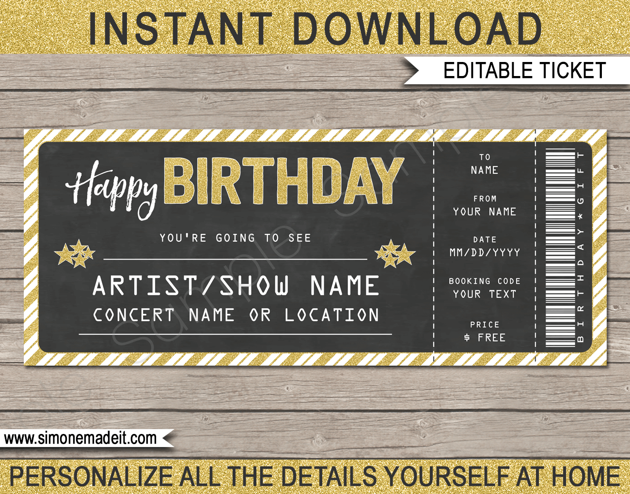 Printable Concert Ticket Template Birthday Gift Voucher Editable Text