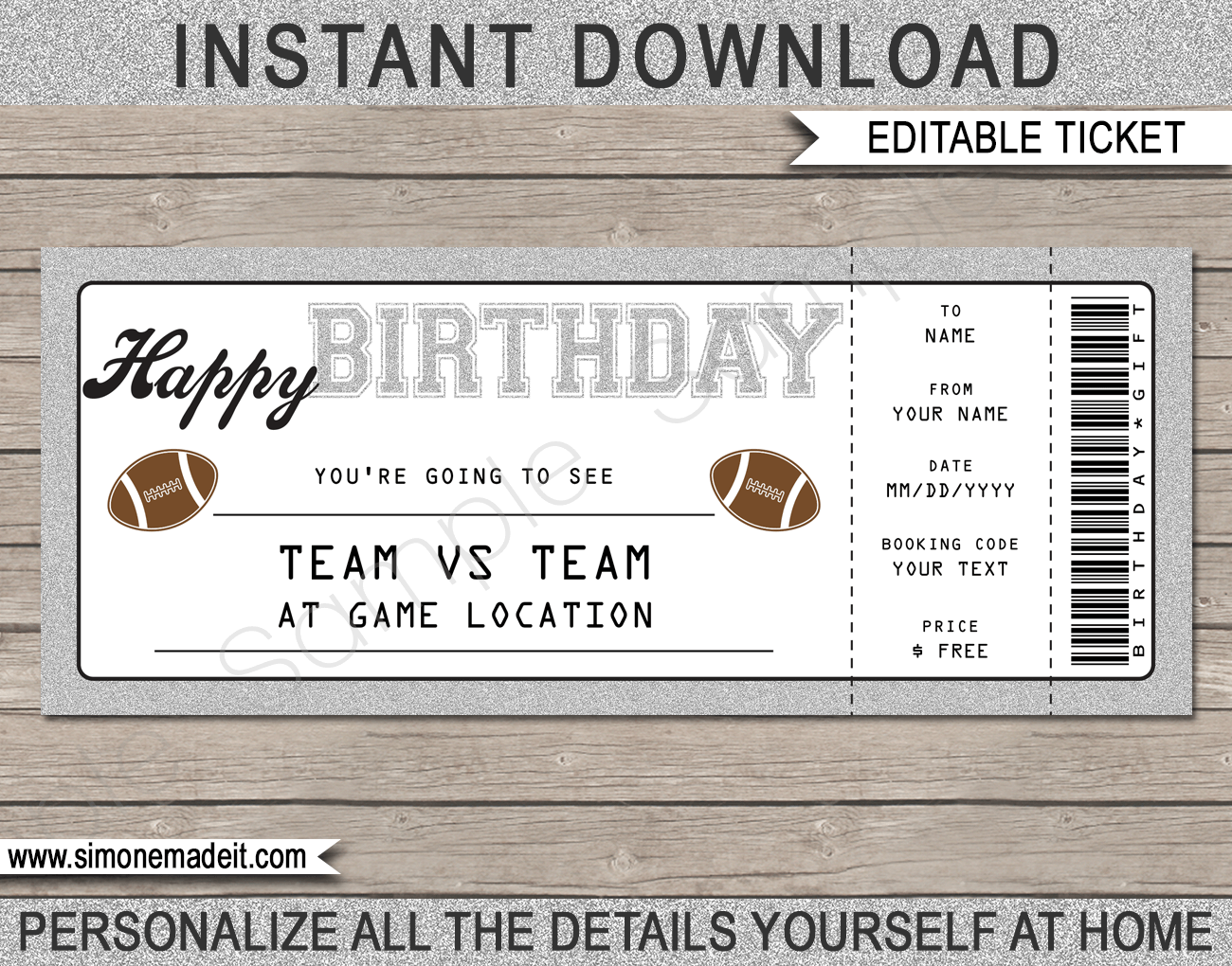 Football Game Ticket Birthday Gift Voucher Printable Ticket Template