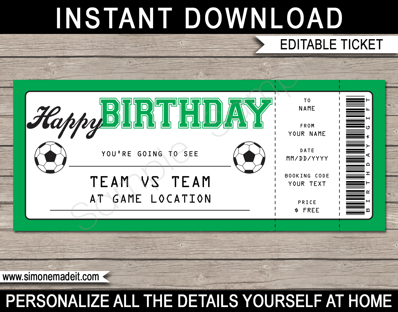 Soccer Match Ticket Birthday Gift Voucher Printable Football Ticket 