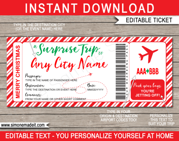 Christmas Surprise Trip Boarding Pass template | Fake Plane Gift Ticket