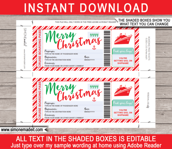 Christmas Cruise Boarding Pass Template | Printable Cruise Ticket Gift