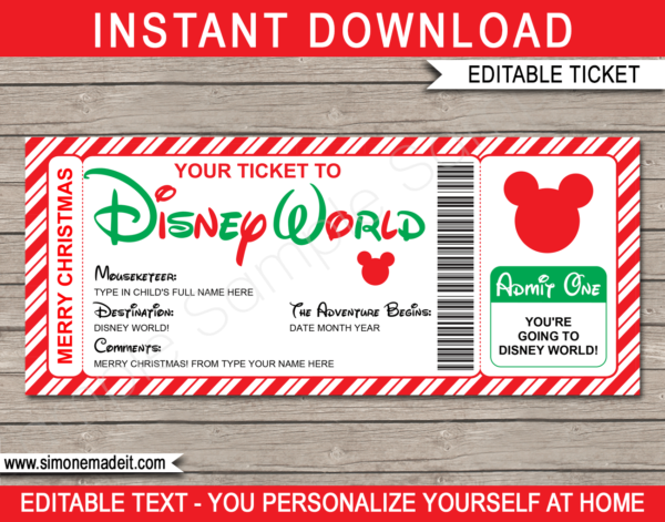 Christmas Disney World Gift Ticket Template | Surprise Disney World Trip