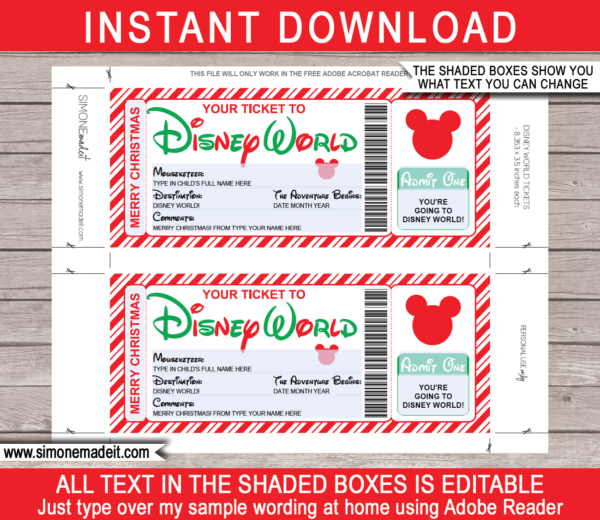 Christmas Disney World Gift Ticket Template | Surprise Disney World Trip