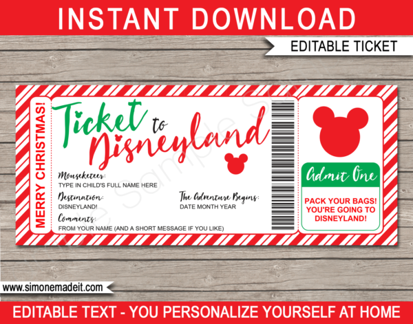 Birthday Surprise Trip to Disneyland Ticket Template | Disney Trip Reveal