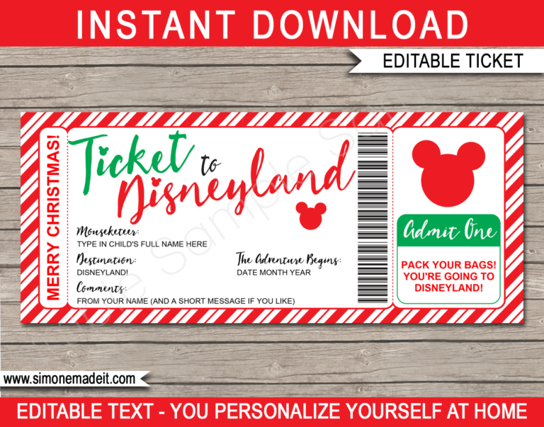 Printable Ticket to Disneyland Template | Surprise Trip to Disneyland Gift