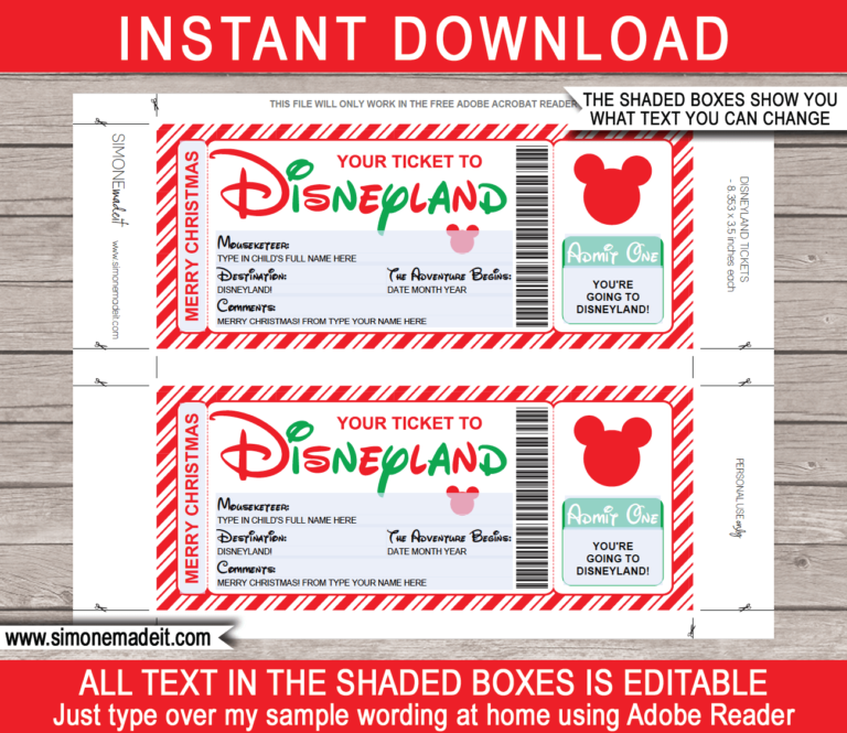 Christmas Disneyland Gift Ticket Template | Surprise Disneyland Trip