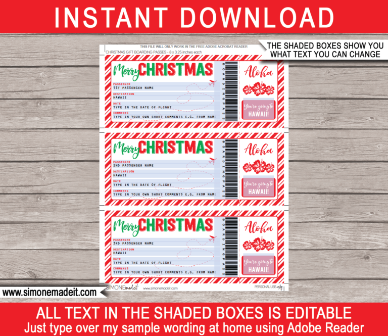 Christmas Hawaii Trip Gift Boarding Pass template | Fake Plane Ticket