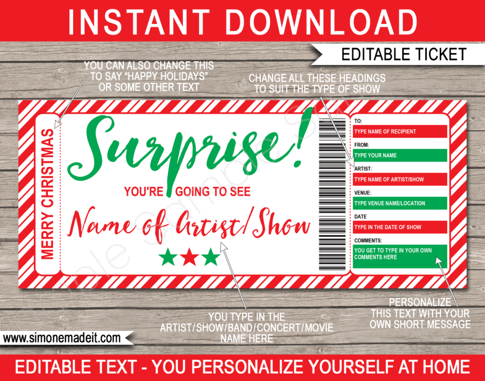 Christmas Surprise Concert Ticket Gift Template Gift Vouchers Present