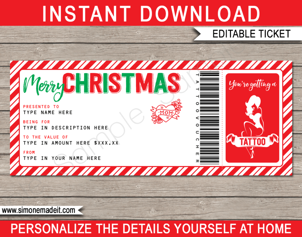 Printable Christmas Tattoo Gift Voucher Template | DIY Gift Certificate