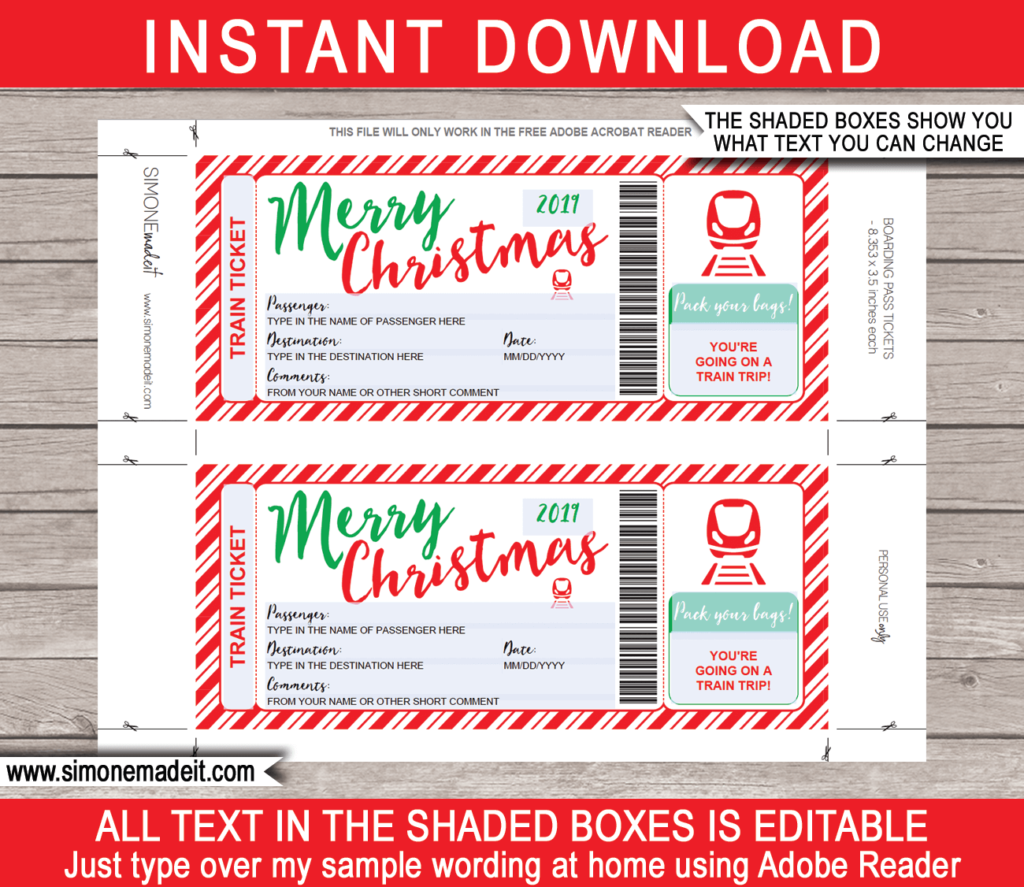 Christmas Surprise Train Trip Reveal Gift Ticket Printable Ticket