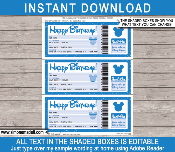 Birthday Surprise Trip to Walt Disney World Ticket Template | Disney ...