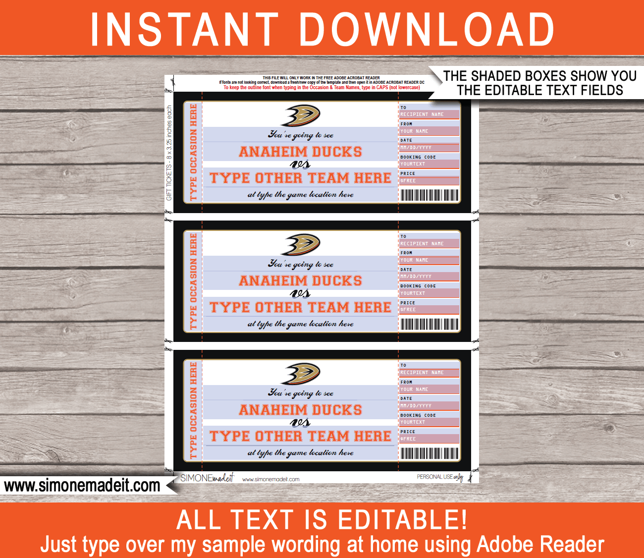 Anaheim Ducks Game Ticket Gift Voucher Printable Surprise Hockey Tickets