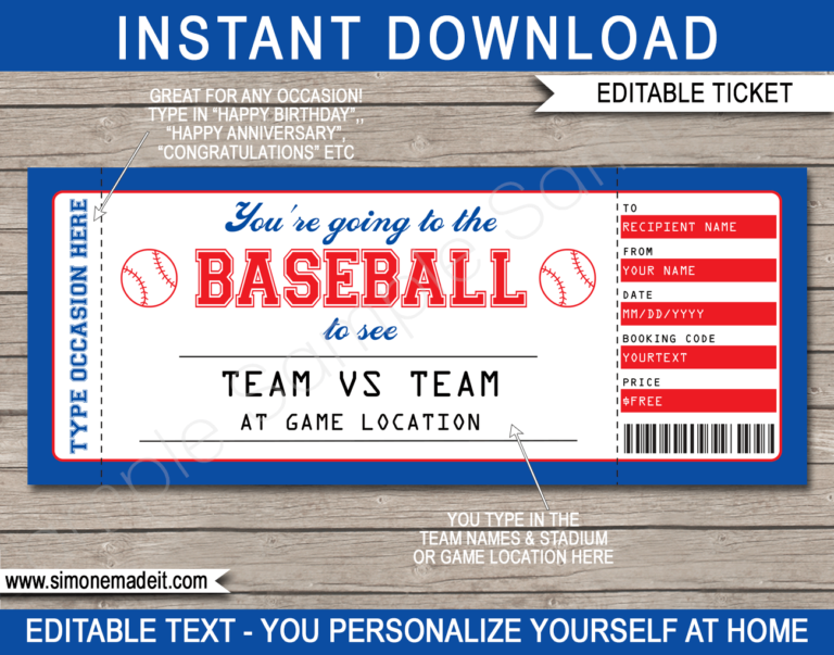 Boston Red Sox Game Ticket Gift Voucher | Printable Surprise Baseball ...