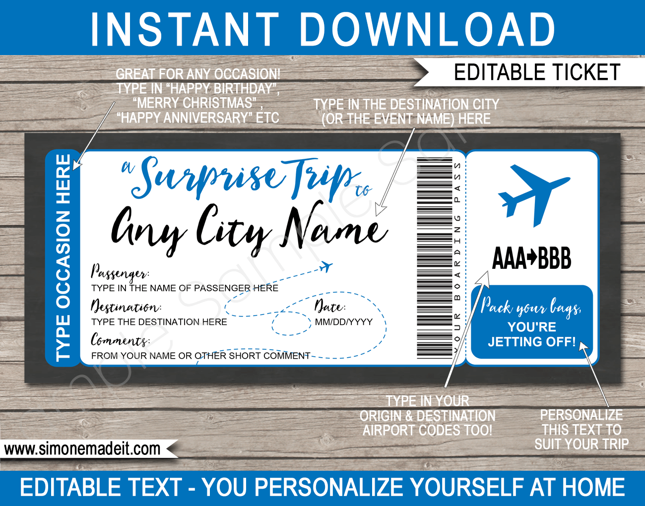 surprise trip plane ticket template printable fake