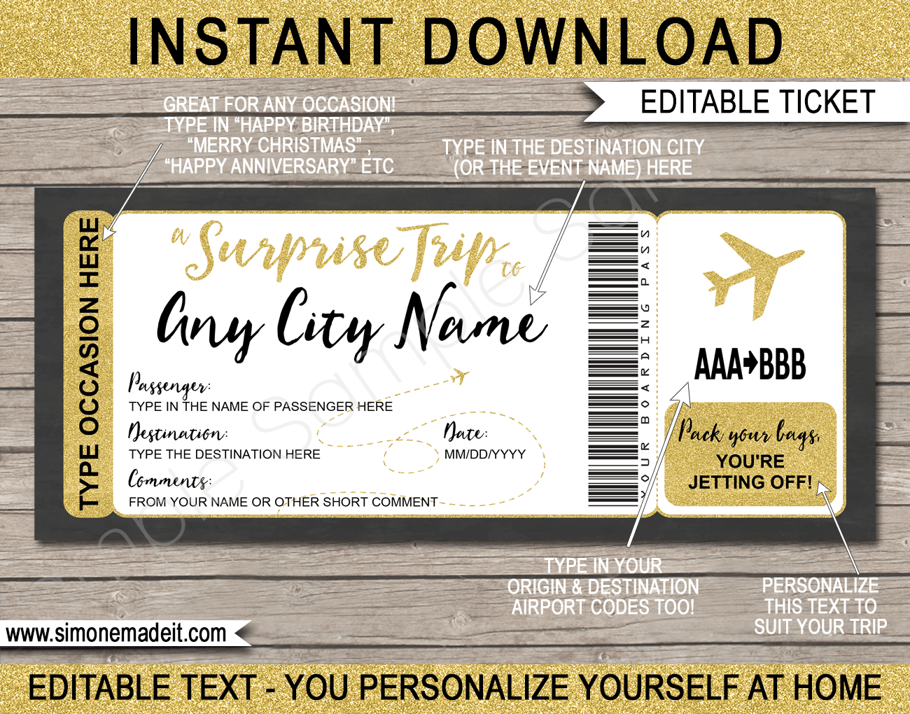 Surprise Trip Airline Ticket Template Printable Fake Boarding Pass Ticket