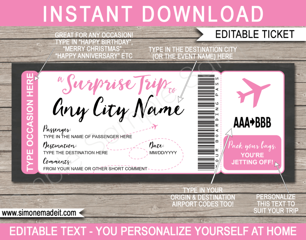 Surprise Trip Boarding Pass Plane Ticket Template For Any Occasion 