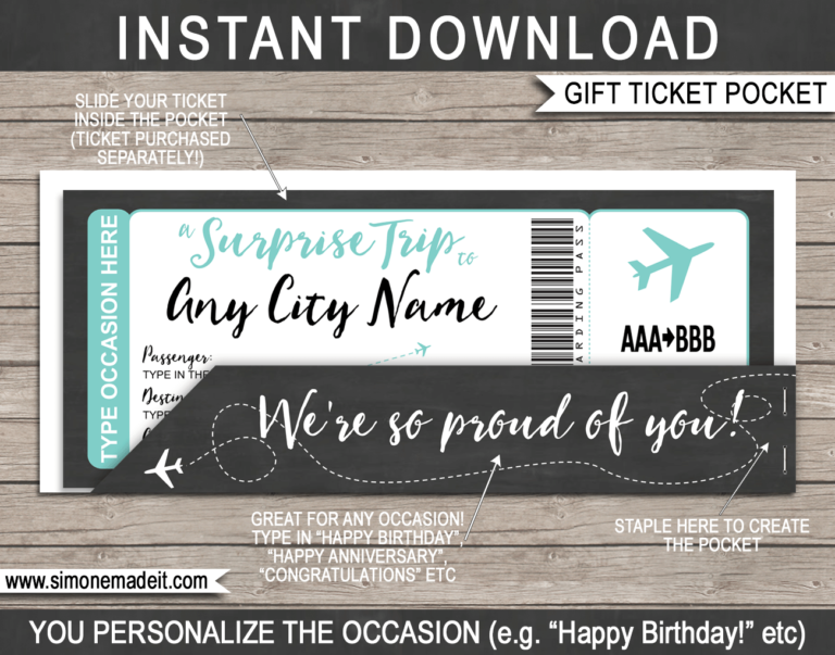 Printable Plane Ticket Pocket Sleeve Gift Template | Airplane Ticket Jacket