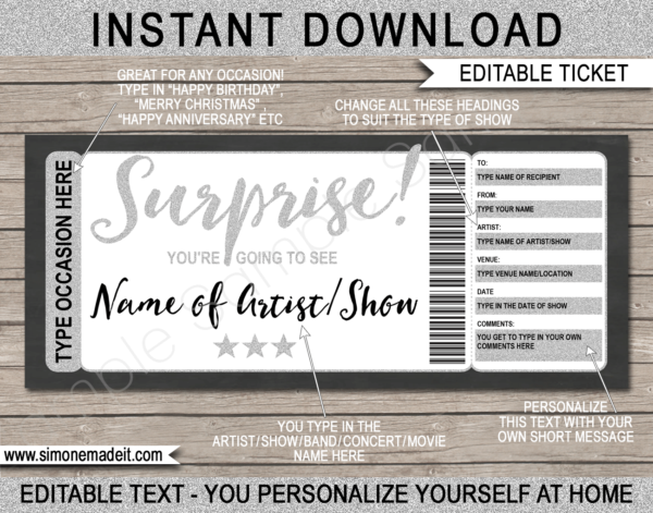 Surprise Concert Gift Certificate | Printable Concert Ticket Gift Voucher