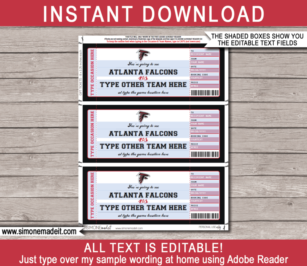 Atlanta Falcons Game Ticket Gift Voucher Printable Surprise Football