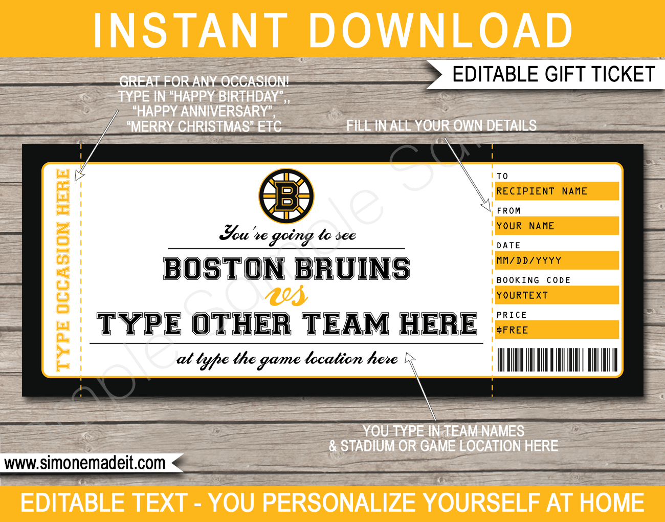 Boston Bruins Game Ticket Gift Voucher Printable Surprise Hockey Tickets