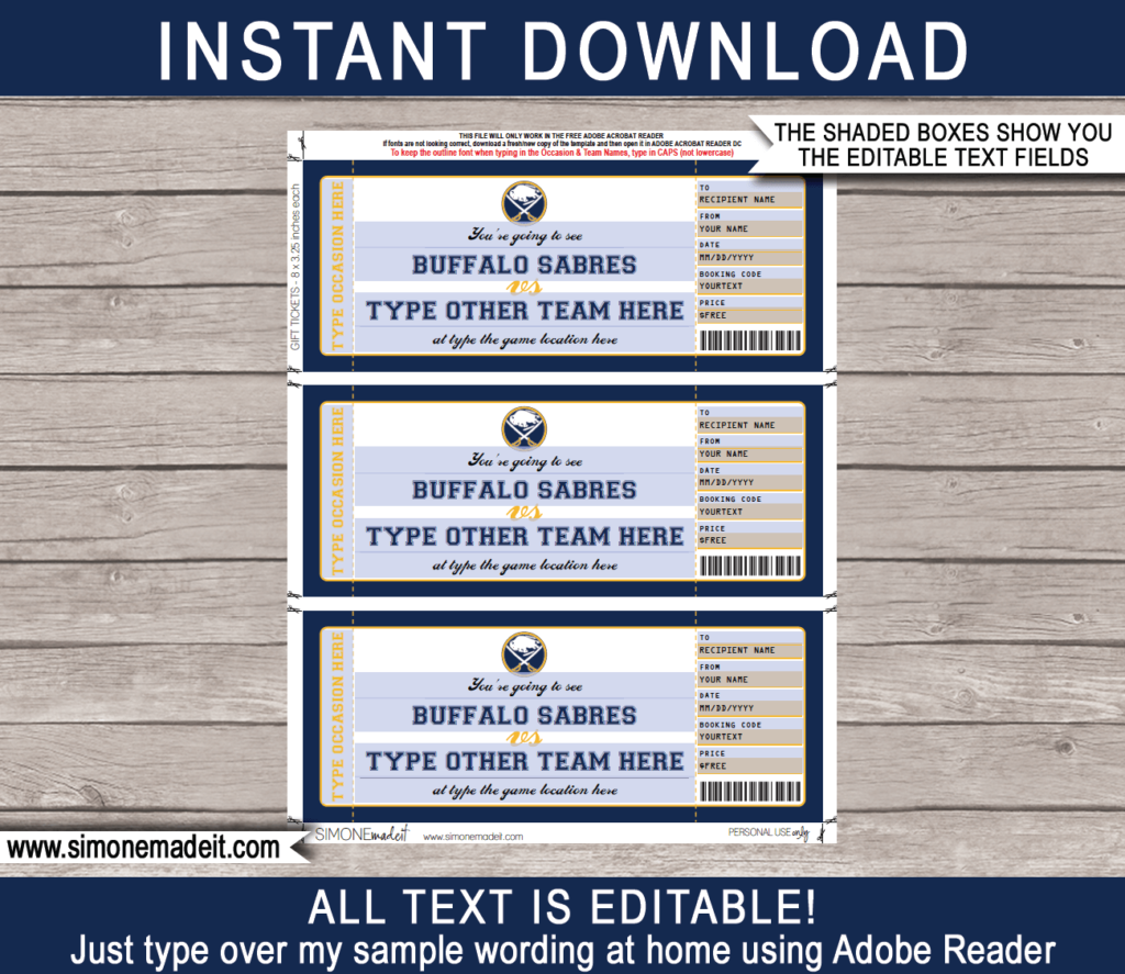 Buffalo Sabres Game Ticket Gift Voucher Printable Surprise Hockey Tickets