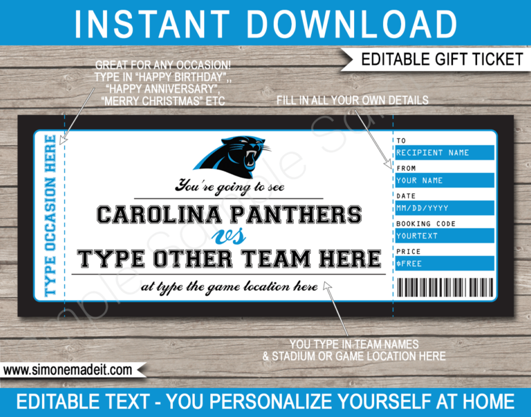 Carolina Panthers Game Ticket Gift Voucher | Printable Surprise ...