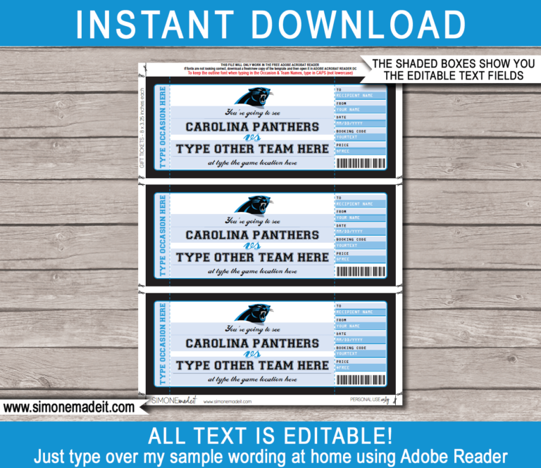 Carolina Panthers Game Ticket Gift Voucher | Printable Surprise ...