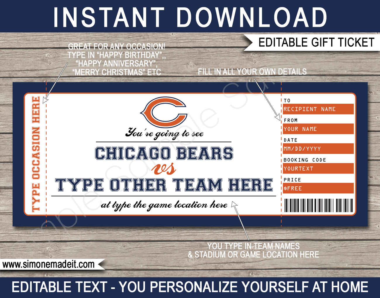 Chicago Bears Game Ticket Gift Voucher | Printable Surprise Football