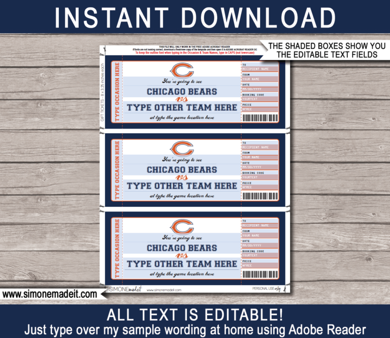 Chicago Bears Game Ticket Gift Voucher Printable Surprise Football