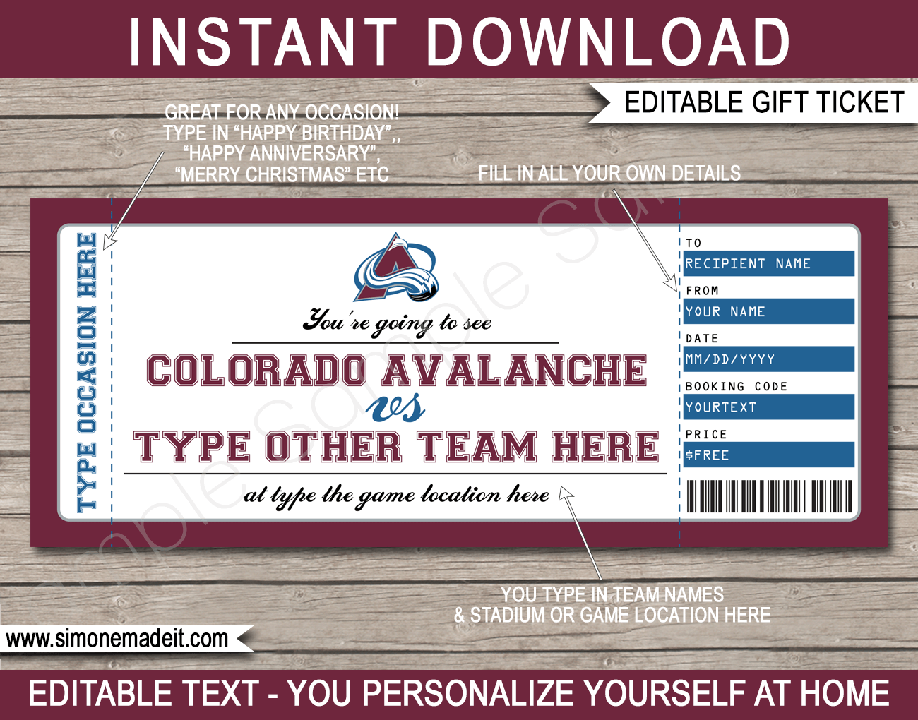 Colorado Avalanche Game Ticket Gift Voucher Printable Surprise Hockey