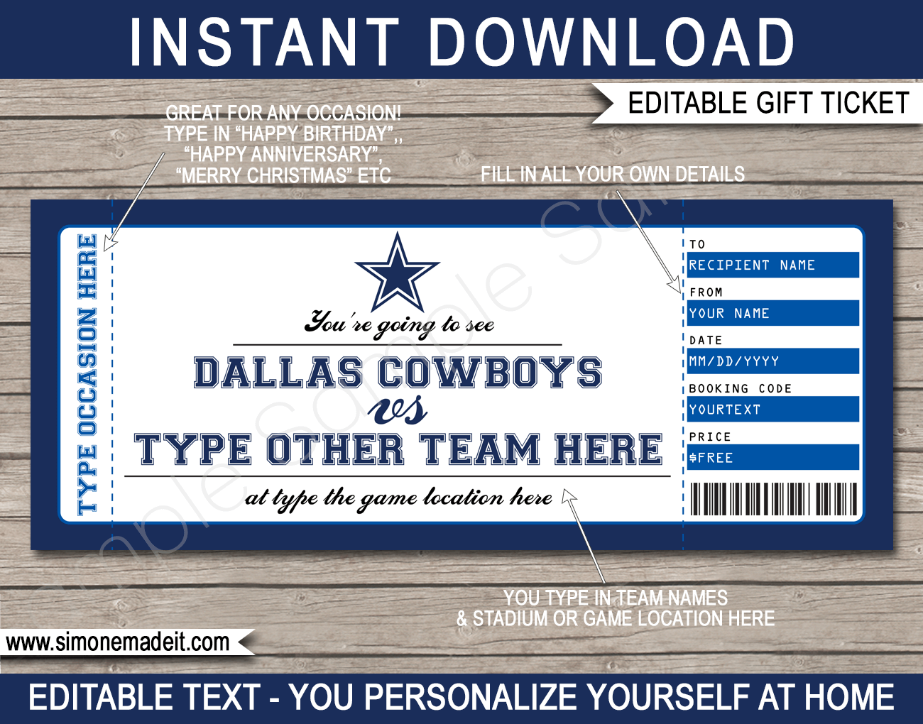 Dallas Cowboys Game Ticket Gift Voucher Printable Surprise Football