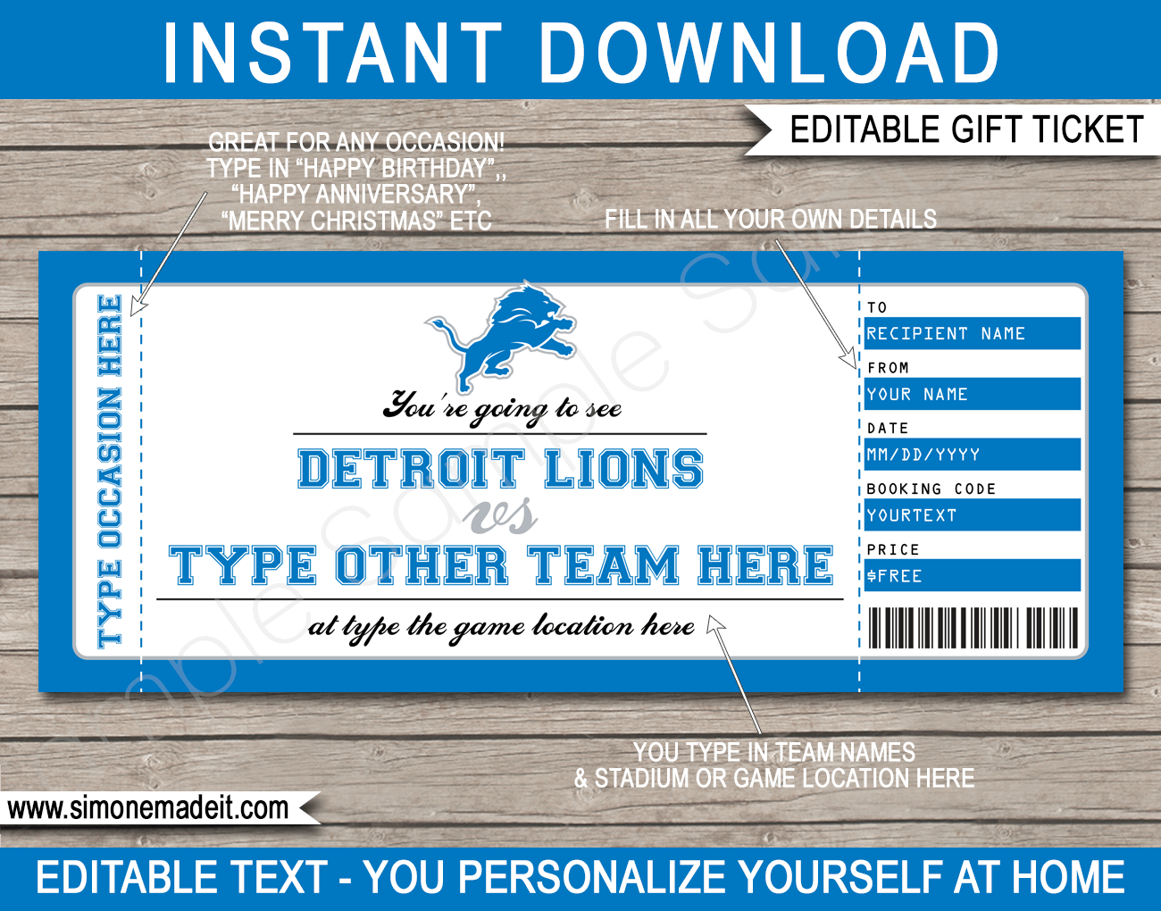 Detroit Lions Game Ticket Gift Voucher Printable Surprise Football