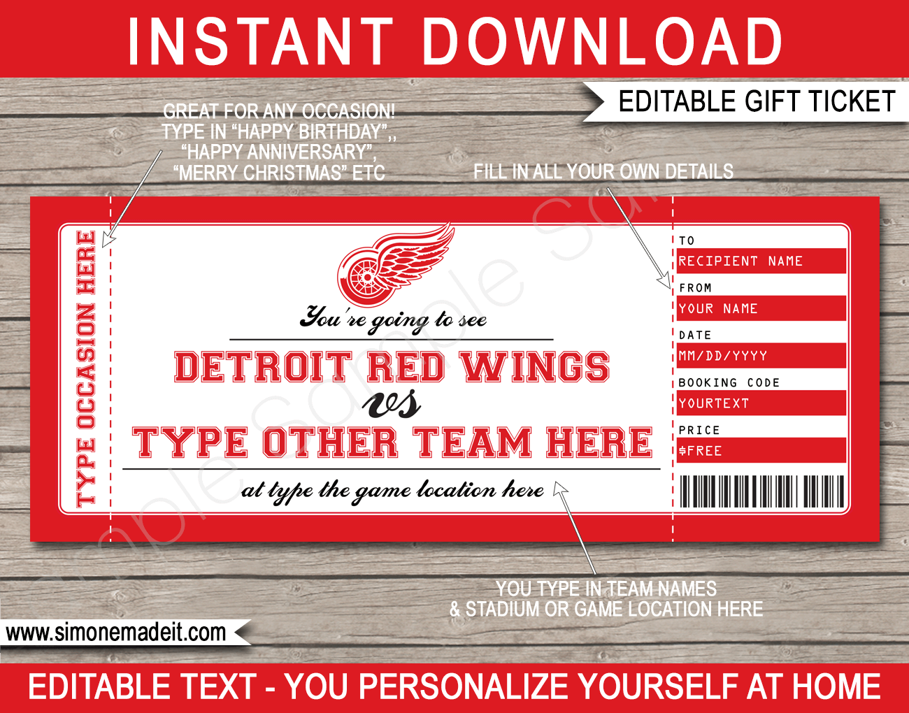 Detroit Red Wings Game Ticket Gift Voucher Printable Surprise Hockey