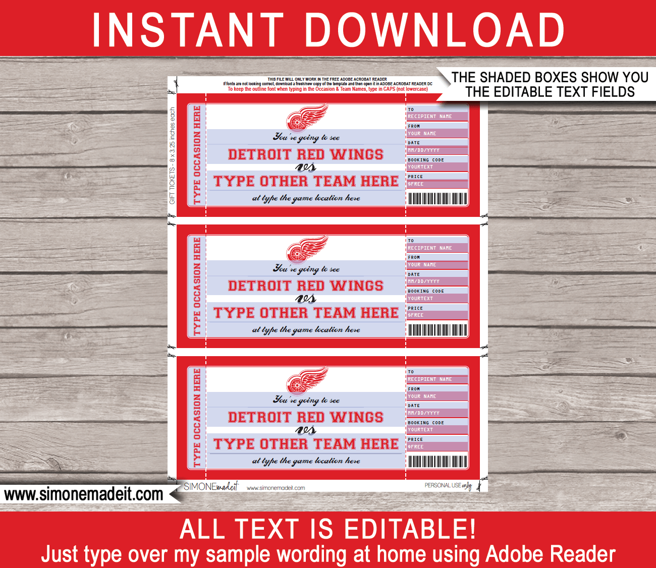 Detroit Red Wings Game Ticket Gift Voucher Printable Surprise Hockey