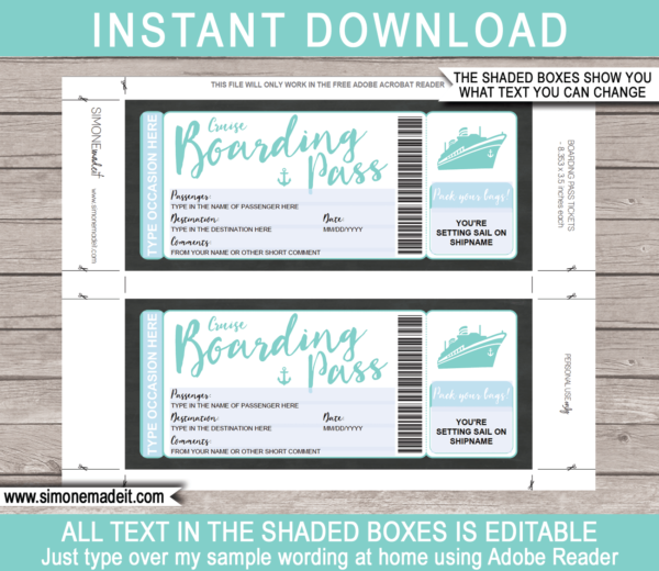 Cruise Boarding Pass Gift Voucher Template | Printable Cruise Ticket