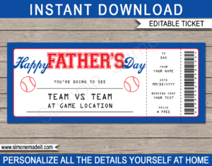 Father's Day Baseball Ticket Gift Voucher - Printable Baseball