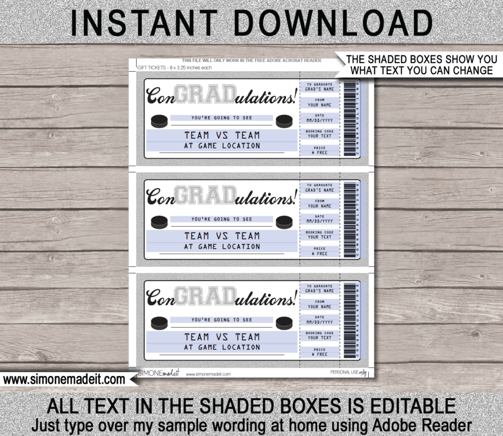 Graduation Hockey Ticket Gift Voucher - Printable Hockey Ticket Template