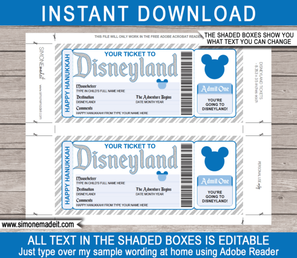 Hanukkah Surprise Trip to Disneyland Ticket Template | Disney Trip Reveal