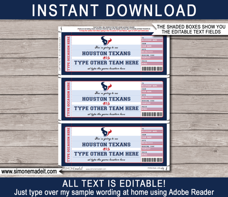 Houston Texans Game Ticket Gift Voucher Printable Surprise Football