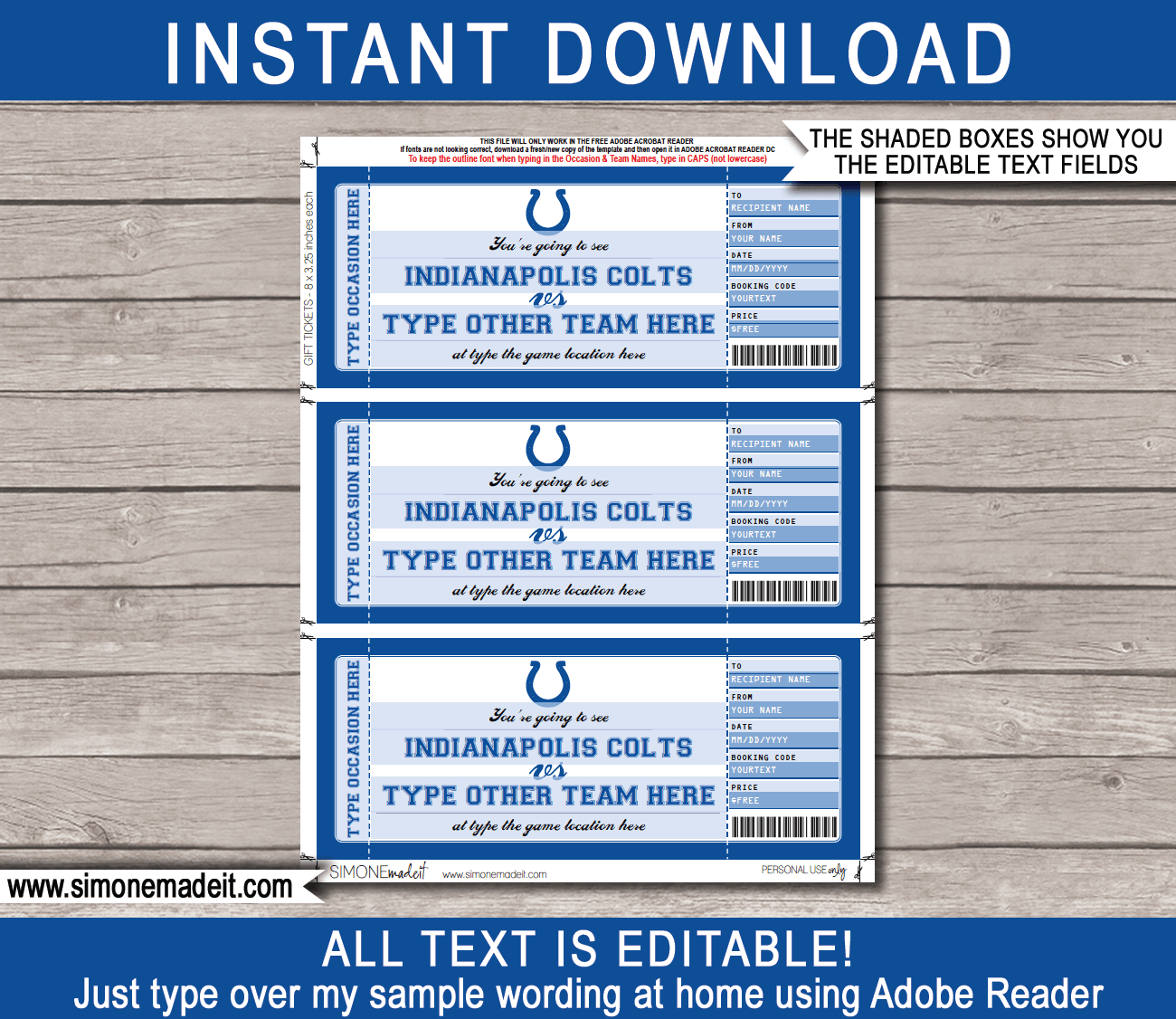 Indianapolis Colts Game Ticket Gift Voucher Printable Surprise