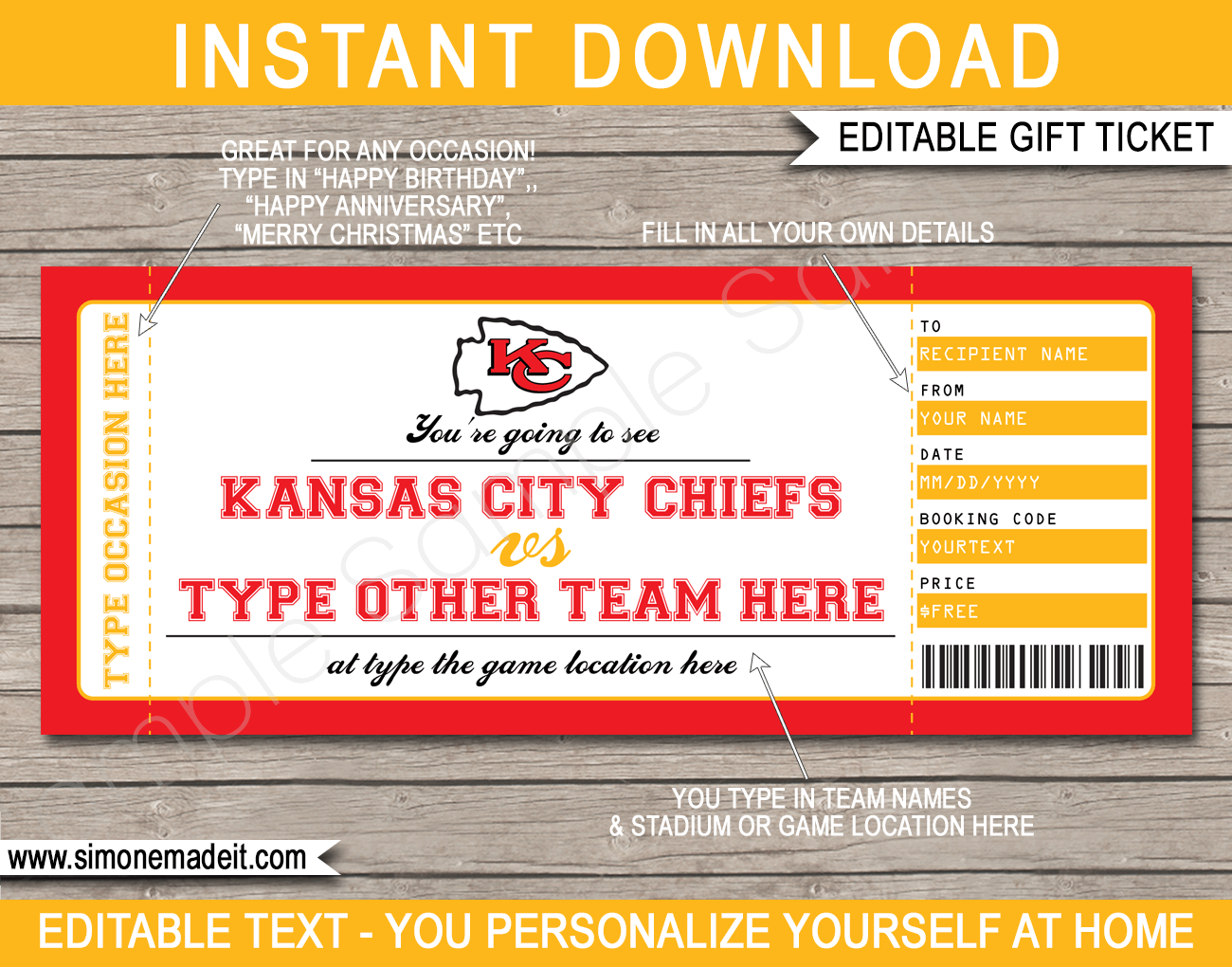 Kansas City Chiefs Game Ticket Gift Voucher | Printable Surprise Football Tickets
