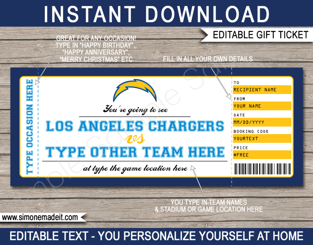 Los Angeles Chargers Game Ticket Gift Voucher Printable Surprise