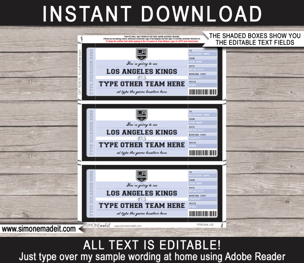 Printable LA Kings Game Ticket Gift Voucher Template | Printable Surprise NHL Hockey Tickets | Editable Text | Gift Certificate | Birthday, Christmas, Anniversary, Retirement, Graduation, Mother's Day, Father's Day, Congratulations, Valentine's Day | INSTANT DOWNLOAD via giftsbysimonemadeit.com