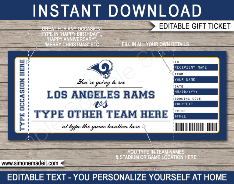 Los Angeles Rams Game Ticket Gift Voucher Printable Surprise Football